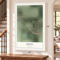 Qulin, Missouri map, 24 x 36 inch print in a white frame by a staircase