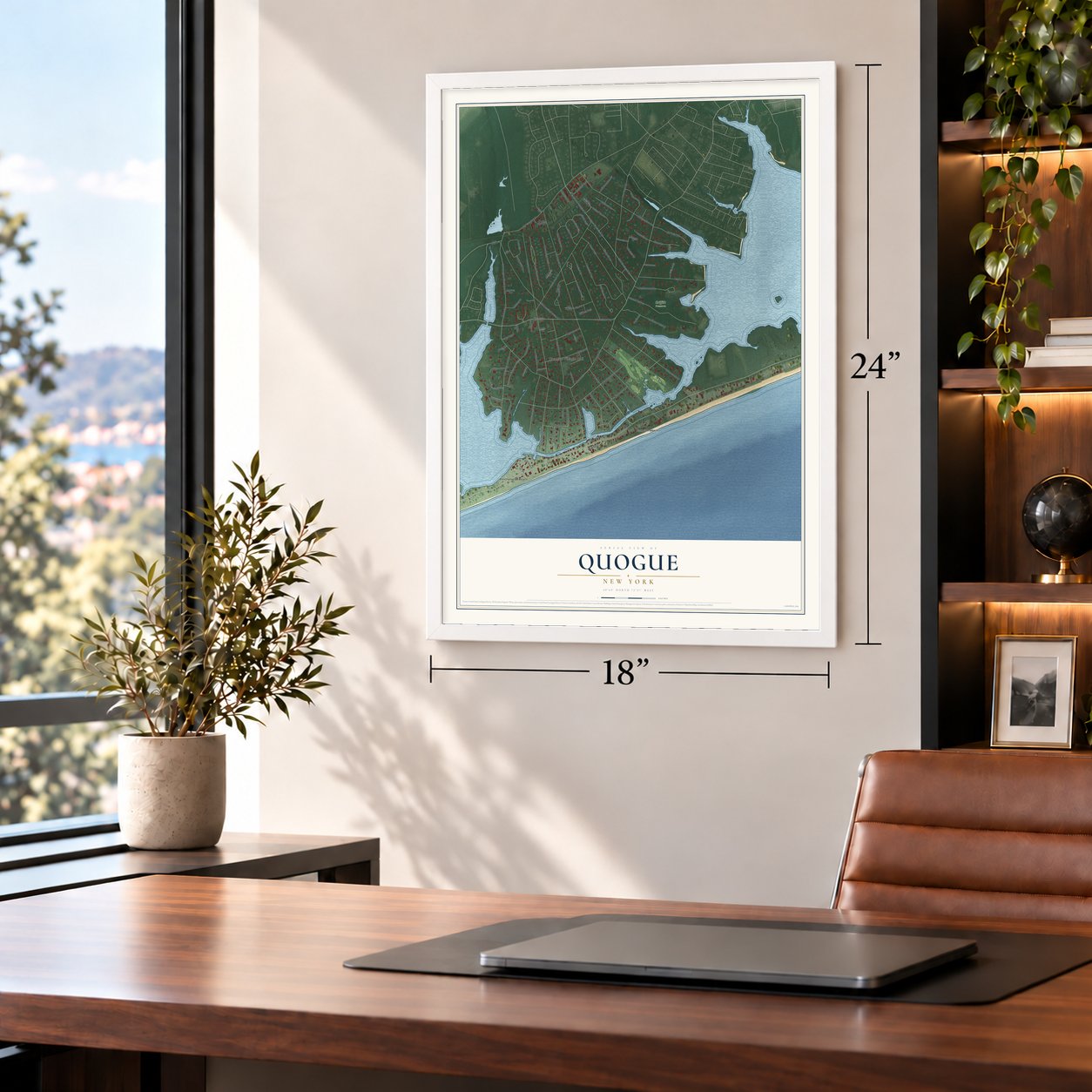 Quogue, New York map, 18 x 24 inch print in a white frame in a home office