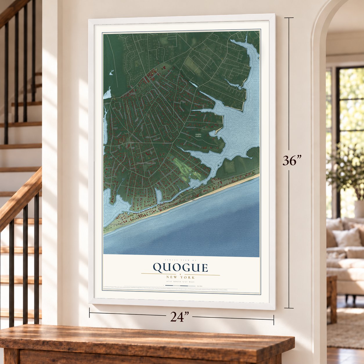 Quogue, New York map, 24 x 36 inch print in a white frame by a staircase