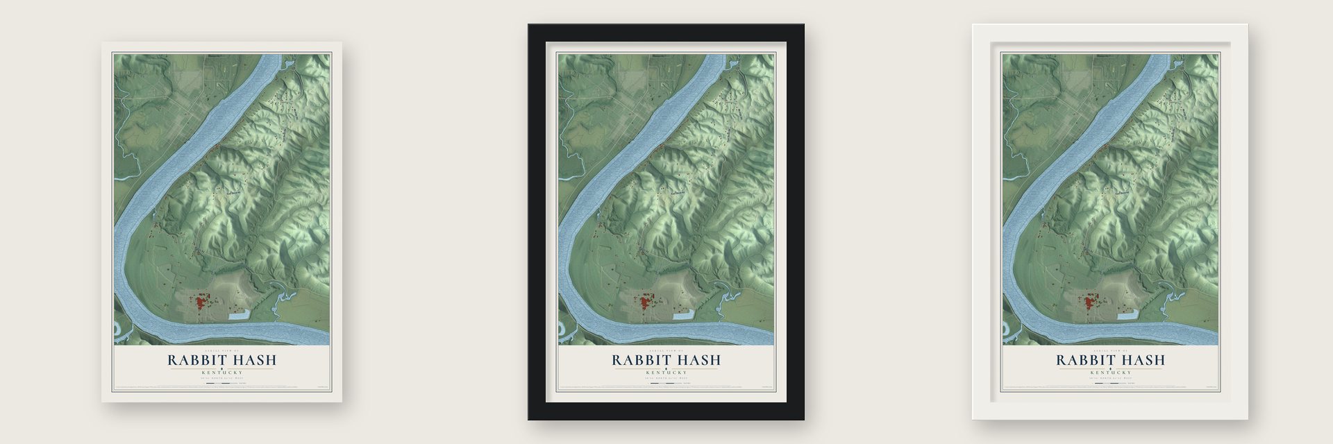 Rabbit Hash, Kentucky map unframed, in a black wood frame and in a white wood frame