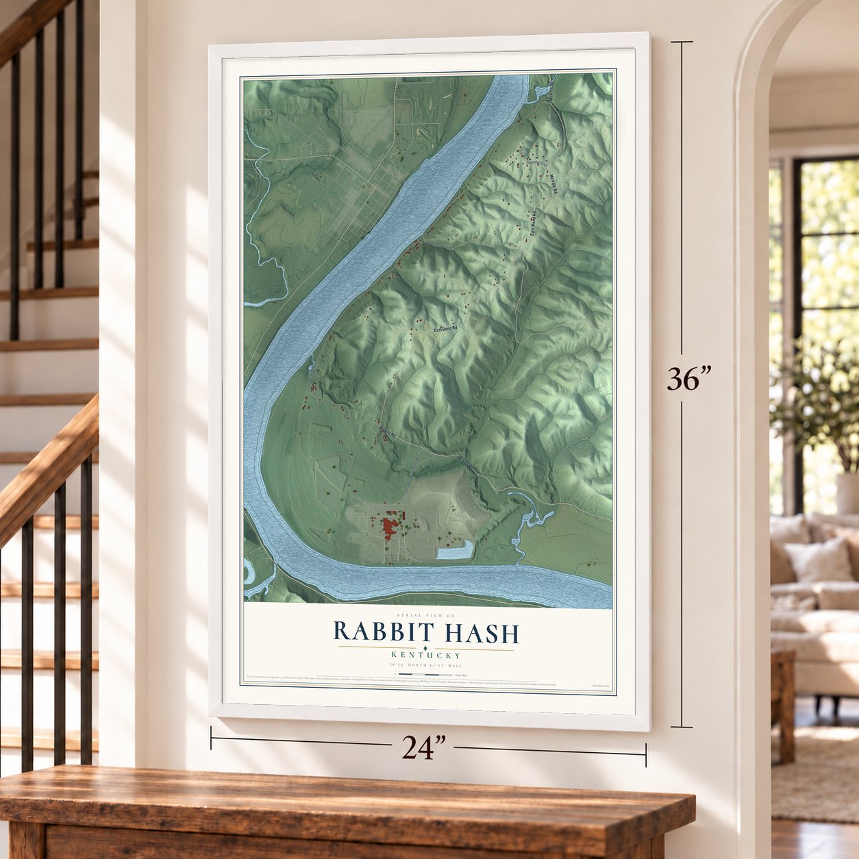 Rabbit Hash, Kentucky map, 24 x 36 inch print in a white frame by a staircase