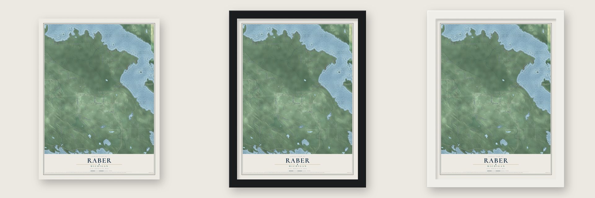 Raber, Michigan map unframed, in a black wood frame and in a white wood frame