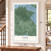 Raber, Michigan map, 24 x 36 inch print in a white frame by a staircase