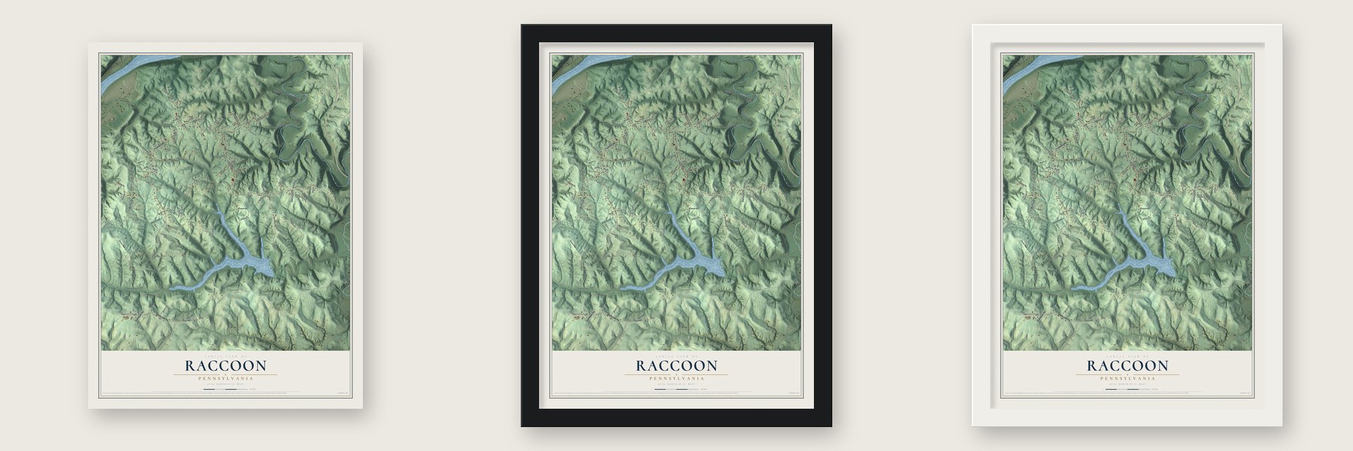 Raccoon, Pennsylvania map unframed, in a black wood frame and in a white wood frame
