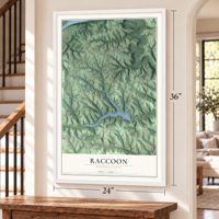 Raccoon, Pennsylvania map, 24 x 36 inch print in a white frame by a staircase