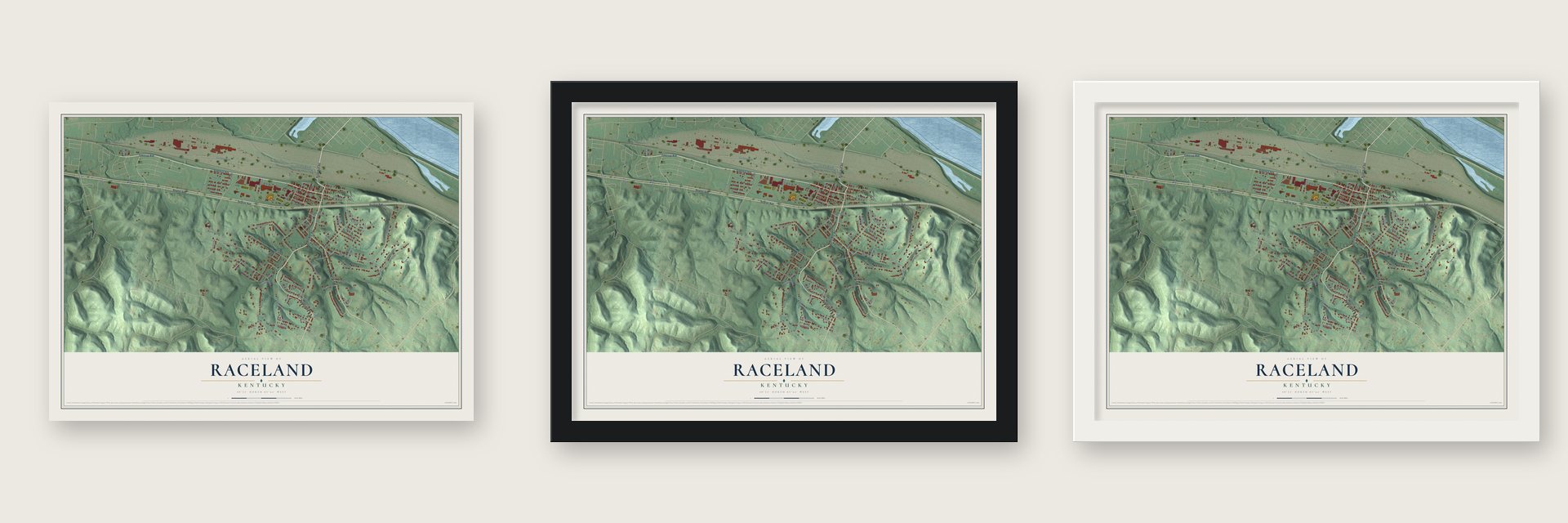 Raceland, Kentucky map unframed, in a black wood frame and in a white wood frame
