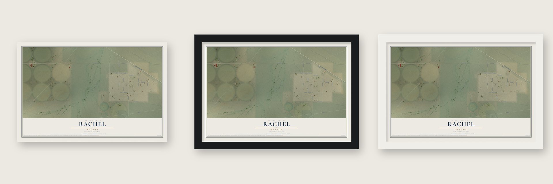 Rachel, Nevada map unframed, in a black wood frame and in a white wood frame