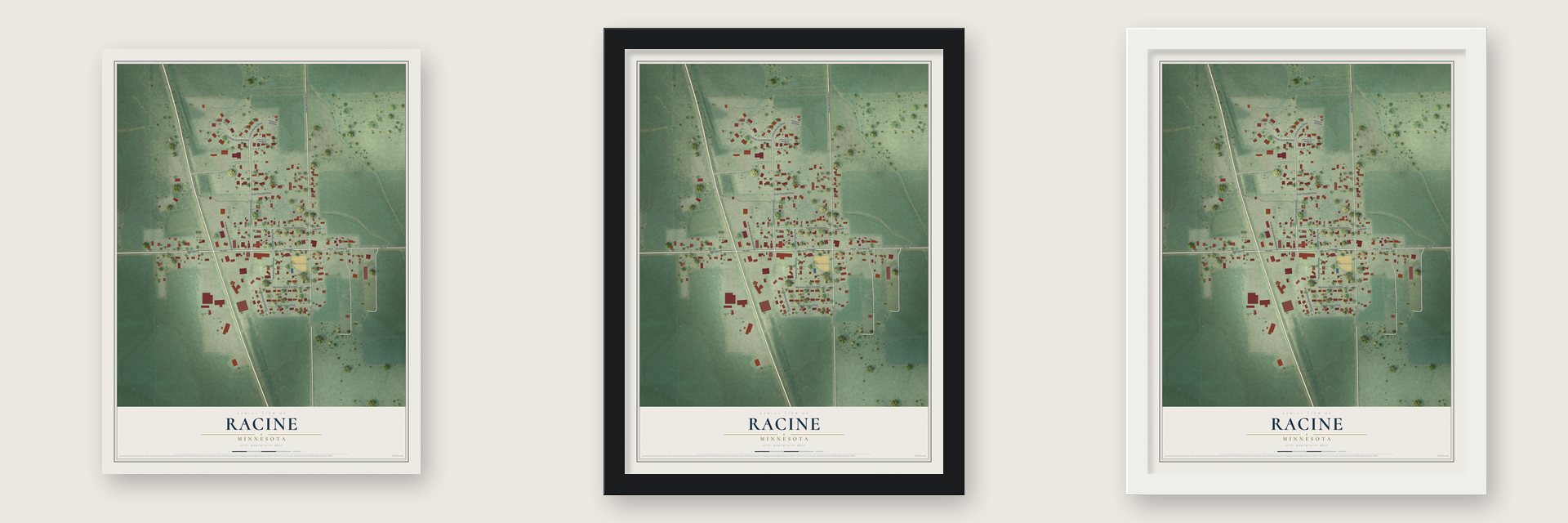 Racine, Minnesota map unframed, in a black wood frame and in a white wood frame