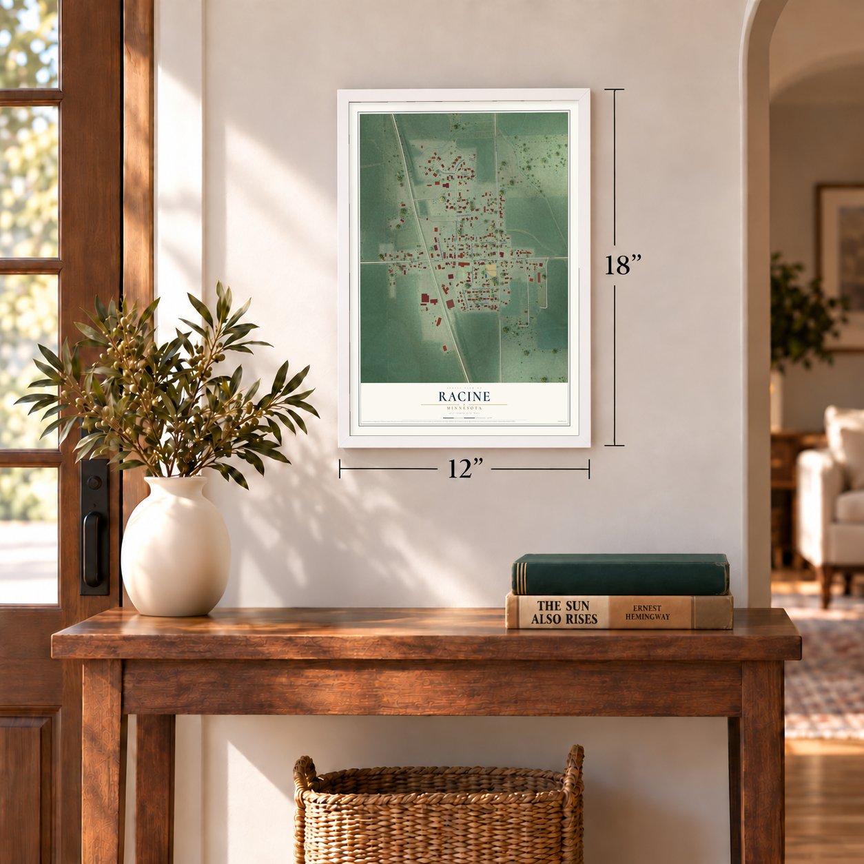 Racine, Minnesota map, 12 x 18 inch print in a white frame in an entryway