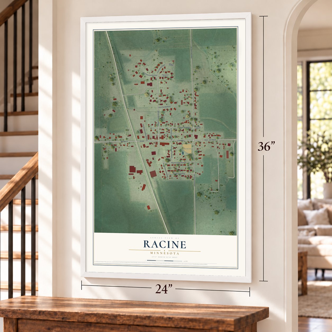 Racine, Minnesota map, 24 x 36 inch print in a white frame by a staircase