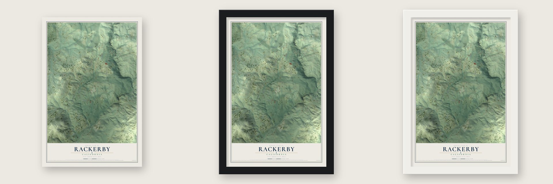 Rackerby, California map unframed, in a black wood frame and in a white wood frame