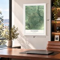 Rackerby, California map, 18 x 24 inch print in a white frame in a home office