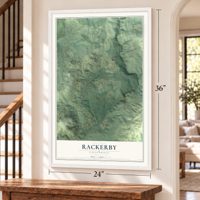 Rackerby, California map, 24 x 36 inch print in a white frame by a staircase