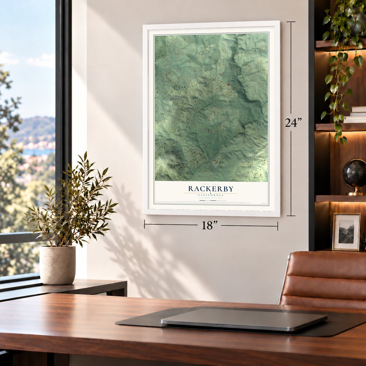 Rackerby, California map, 18 x 24 inch print in a white frame in a home office