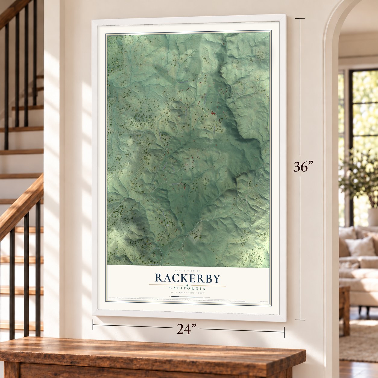Rackerby, California map, 24 x 36 inch print in a white frame by a staircase