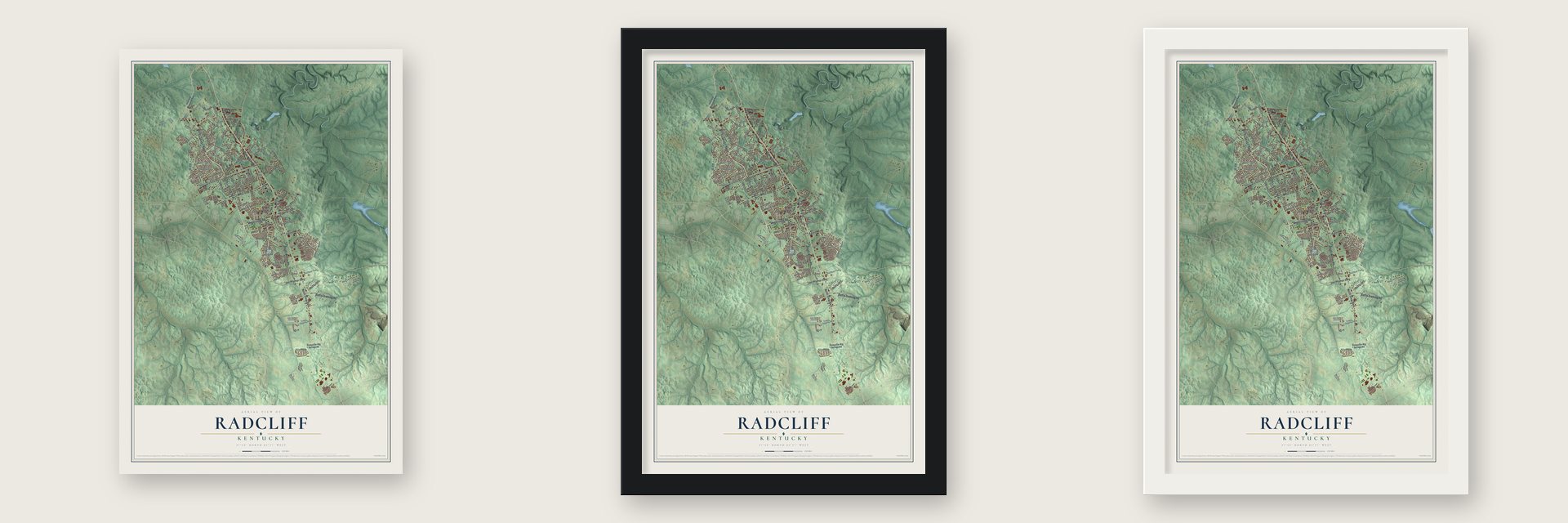 Radcliff, Kentucky map unframed, in a black wood frame and in a white wood frame