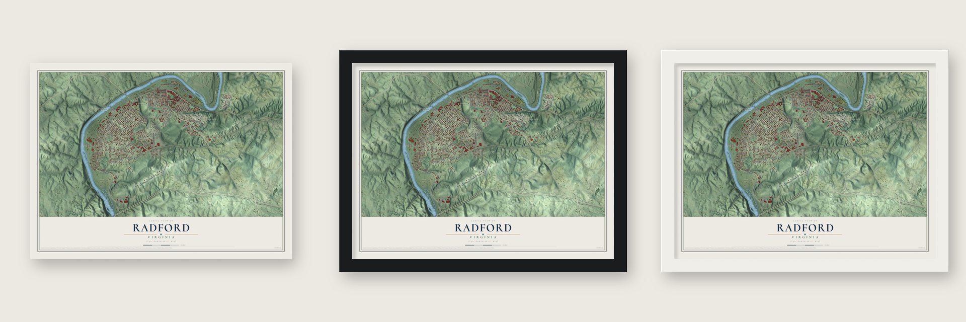 Radford, Virginia map unframed, in a black wood frame and in a white wood frame