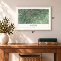 Radford, Virginia map, 12 x 18 inch print in a white frame in an entryway