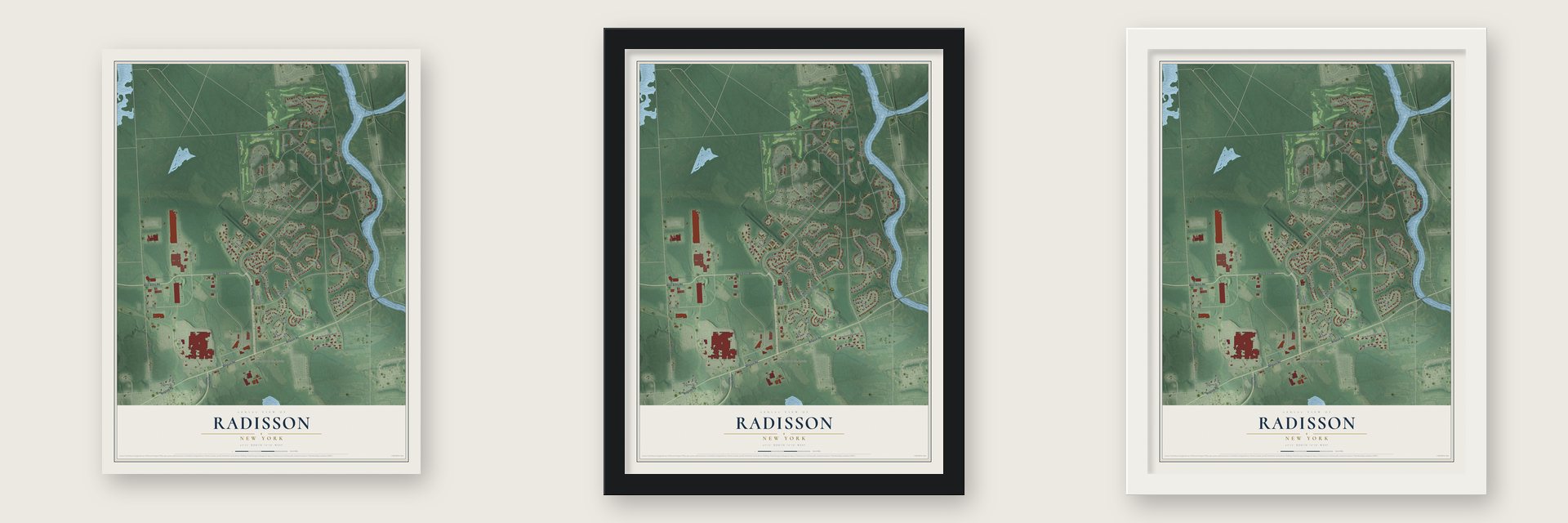 Radisson, New York map unframed, in a black wood frame and in a white wood frame