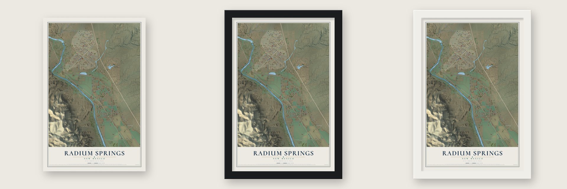 Radium Springs, New Mexico map unframed, in a black wood frame and in a white wood frame