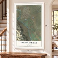 Radium Springs, New Mexico map, 24 x 36 inch print in a white frame by a staircase