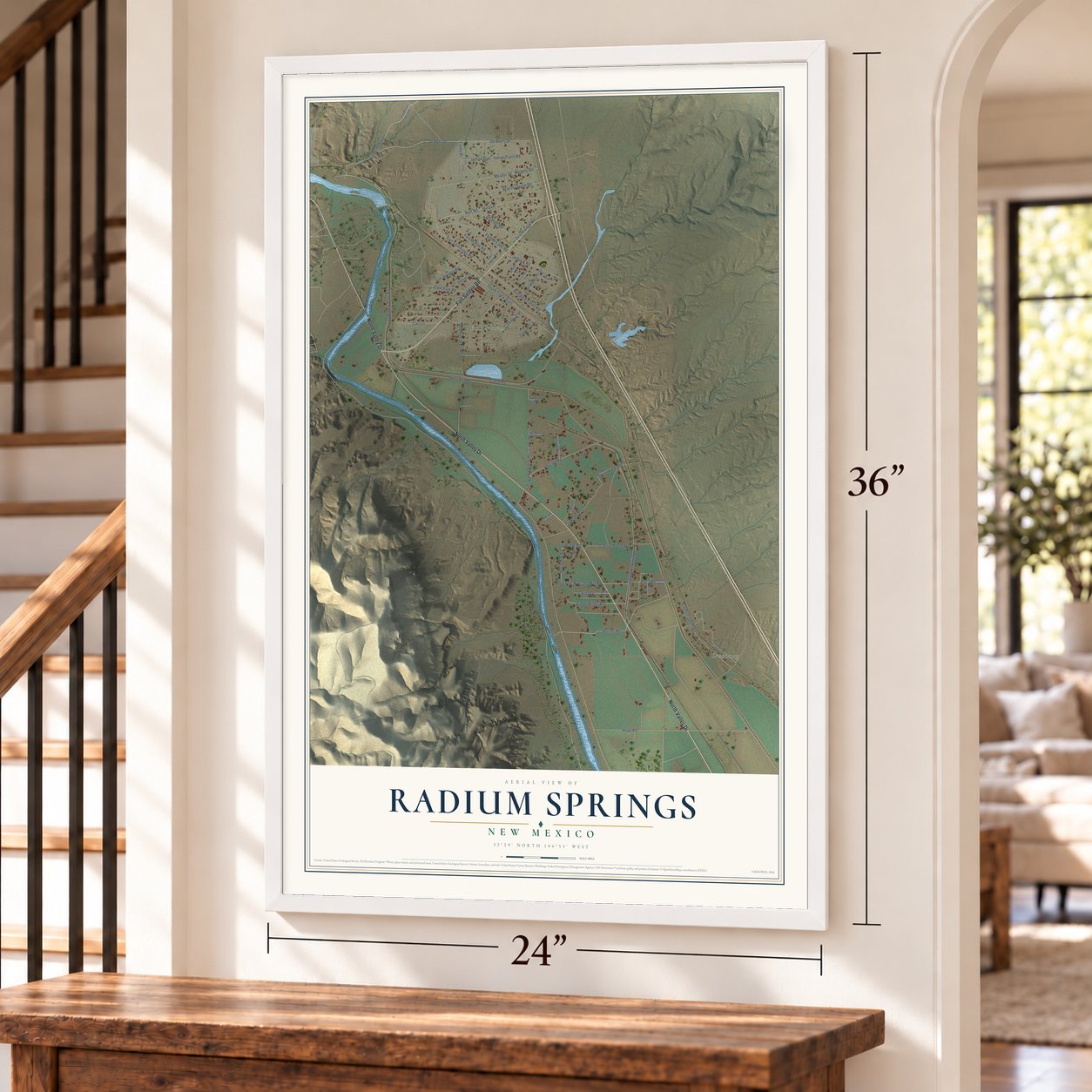 Radium Springs, New Mexico map, 24 x 36 inch print in a white frame by a staircase