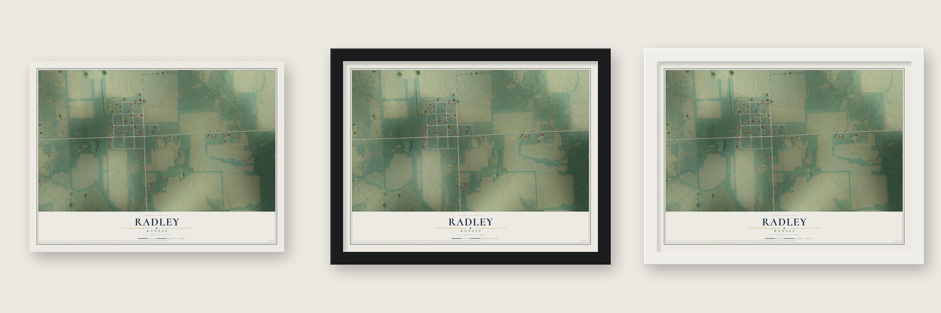 Radley, Kansas map unframed, in a black wood frame and in a white wood frame