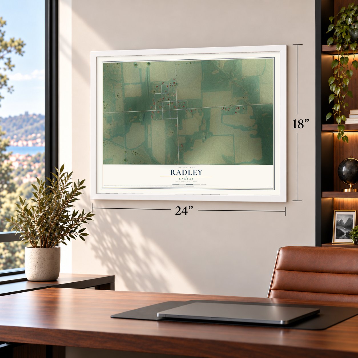 Radley, Kansas map, 18 x 24 inch print in a white frame in a home office