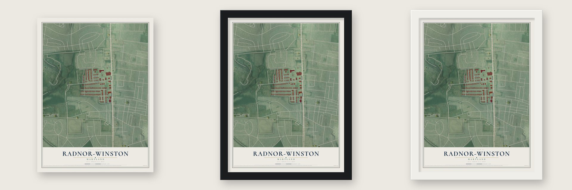 Radnor-Winston, Maryland map unframed, in a black wood frame and in a white wood frame