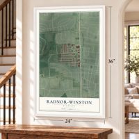 Radnor-Winston, Maryland map, 24 x 36 inch print in a white frame by a staircase