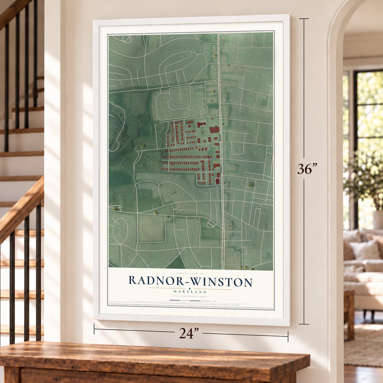 Radnor-Winston, Maryland map, 24 x 36 inch print in a white frame by a staircase