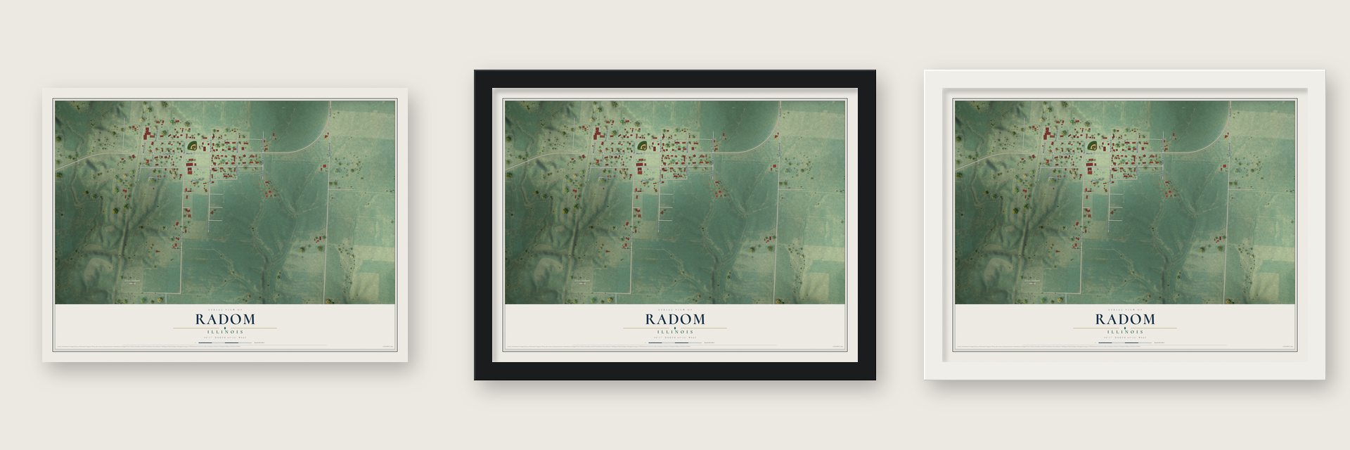 Radom, Illinois map unframed, in a black wood frame and in a white wood frame