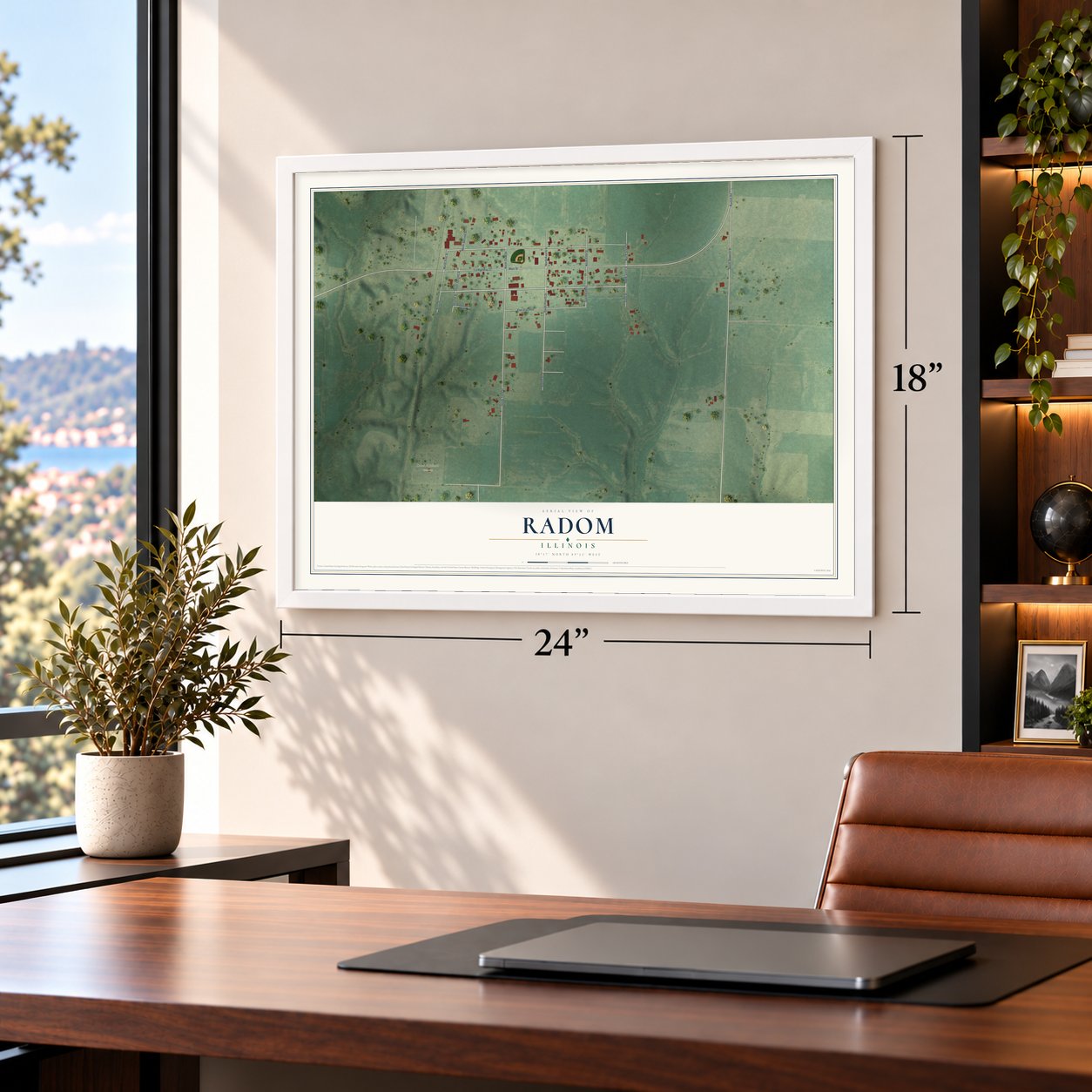 Radom, Illinois map, 18 x 24 inch print in a white frame in a home office