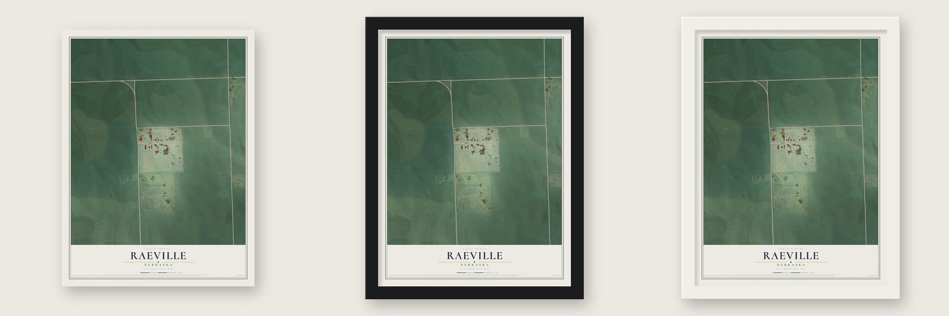 Raeville, Nebraska map unframed, in a black wood frame and in a white wood frame