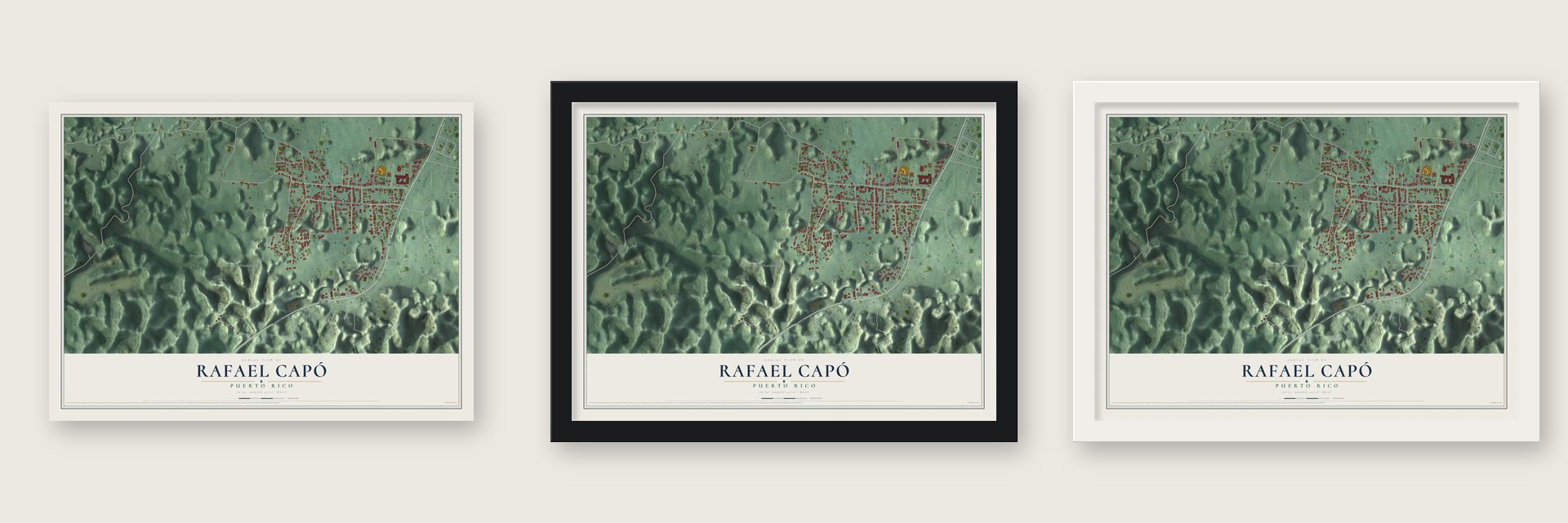 Rafael Capó, Puerto Rico map unframed, in a black wood frame and in a white wood frame
