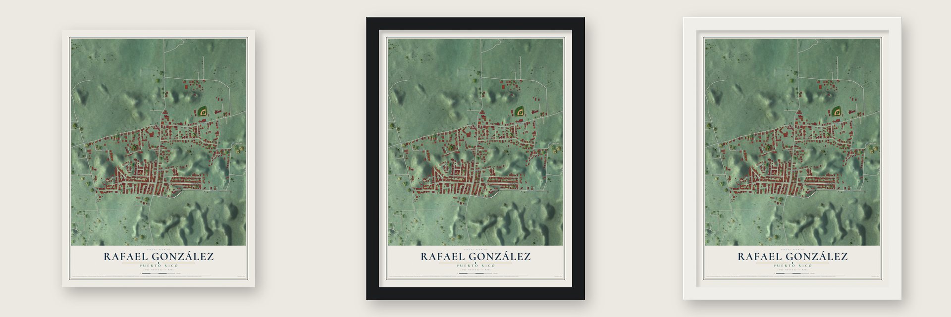 Rafael González, Puerto Rico map unframed, in a black wood frame and in a white wood frame