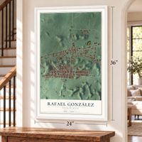 Rafael González, Puerto Rico map, 24 x 36 inch print in a white frame by a staircase