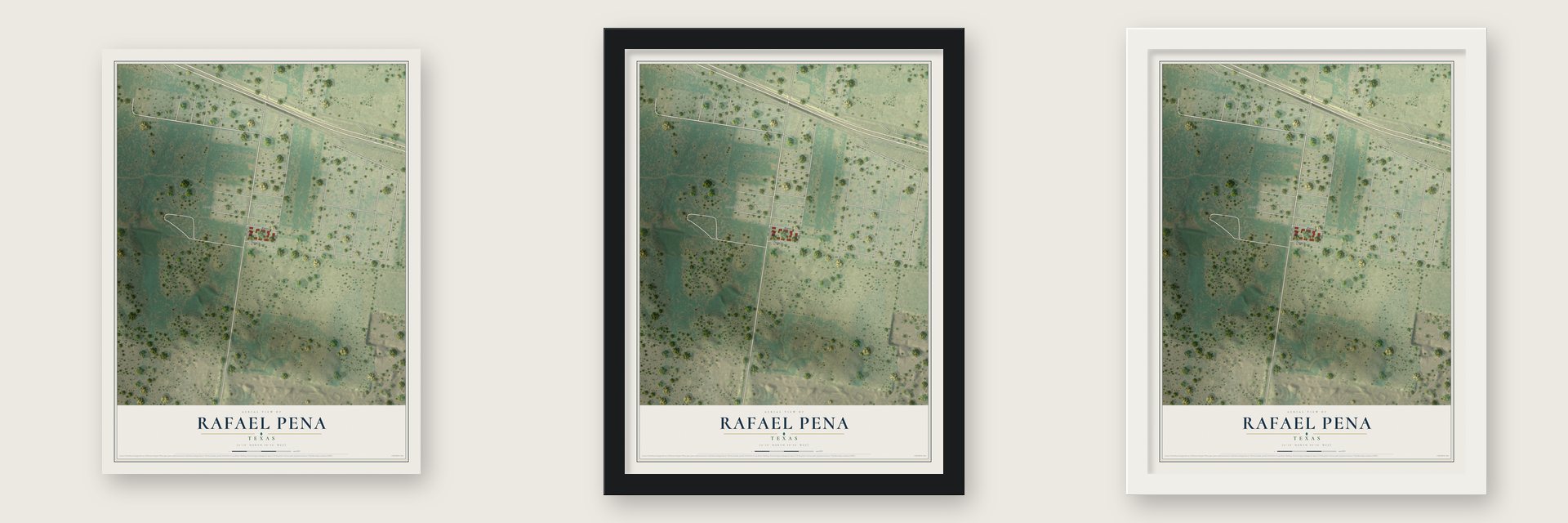 Rafael Pena, Texas map unframed, in a black wood frame and in a white wood frame