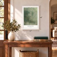 Rafael Pena, Texas map, 12 x 18 inch print in a white frame in an entryway