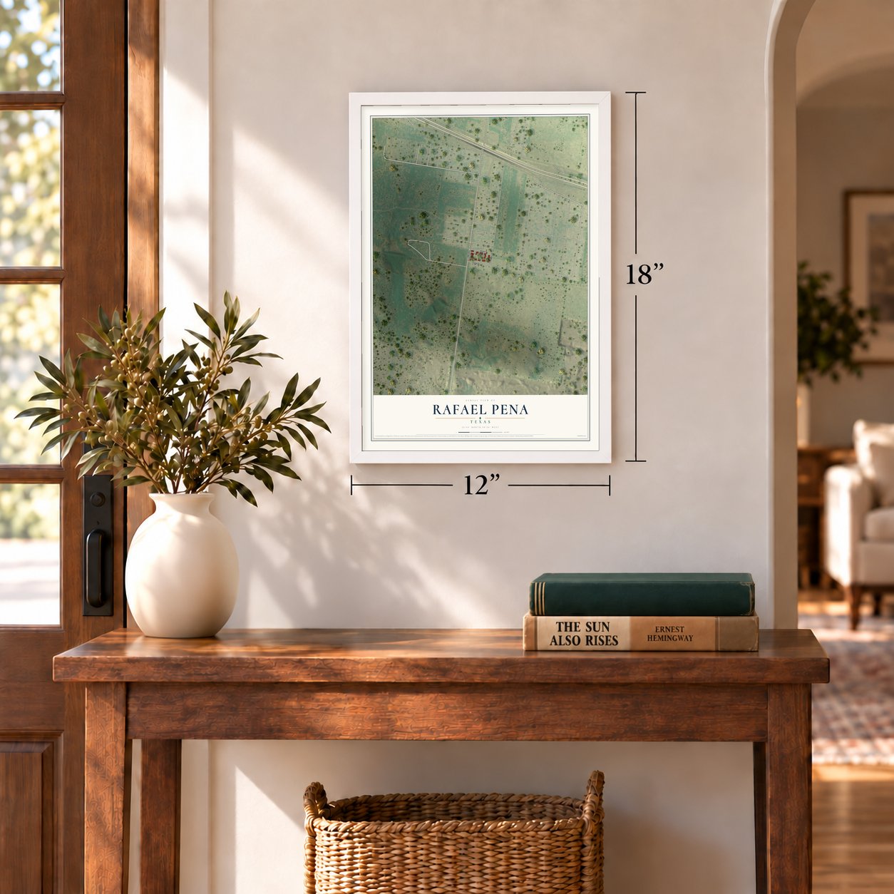 Rafael Pena, Texas map, 12 x 18 inch print in a white frame in an entryway