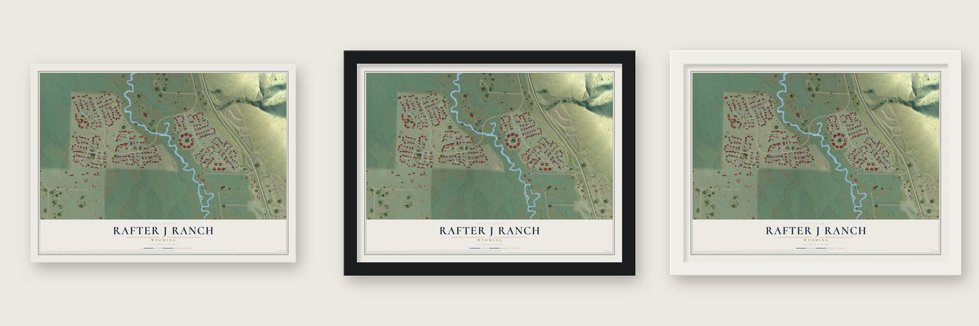 Rafter J Ranch, Wyoming map unframed, in a black wood frame and in a white wood frame