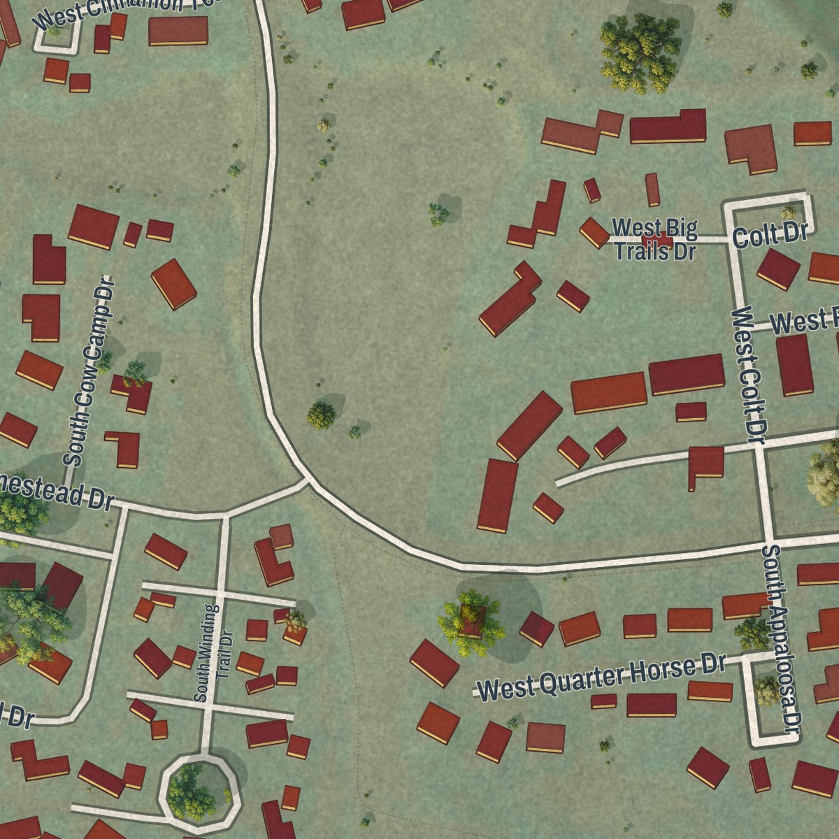 Second close-up of the map of Rafter J Ranch, Wyoming print showing more streets and buildings