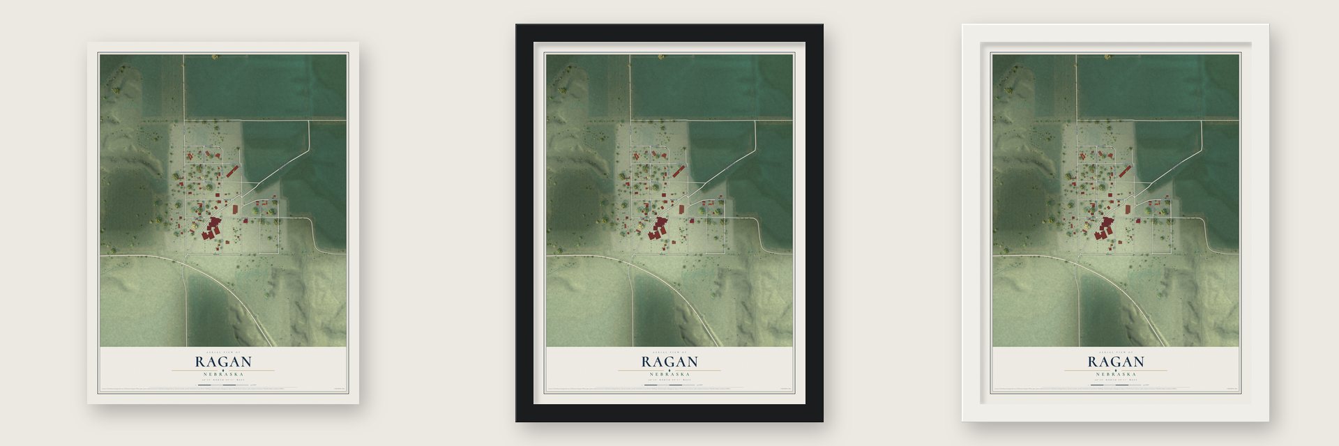 Ragan, Nebraska map unframed, in a black wood frame and in a white wood frame