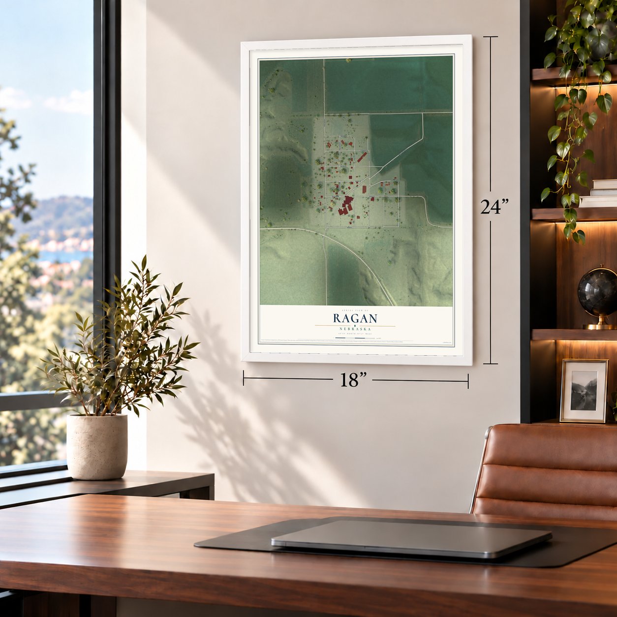 Ragan, Nebraska map, 18 x 24 inch print in a white frame in a home office
