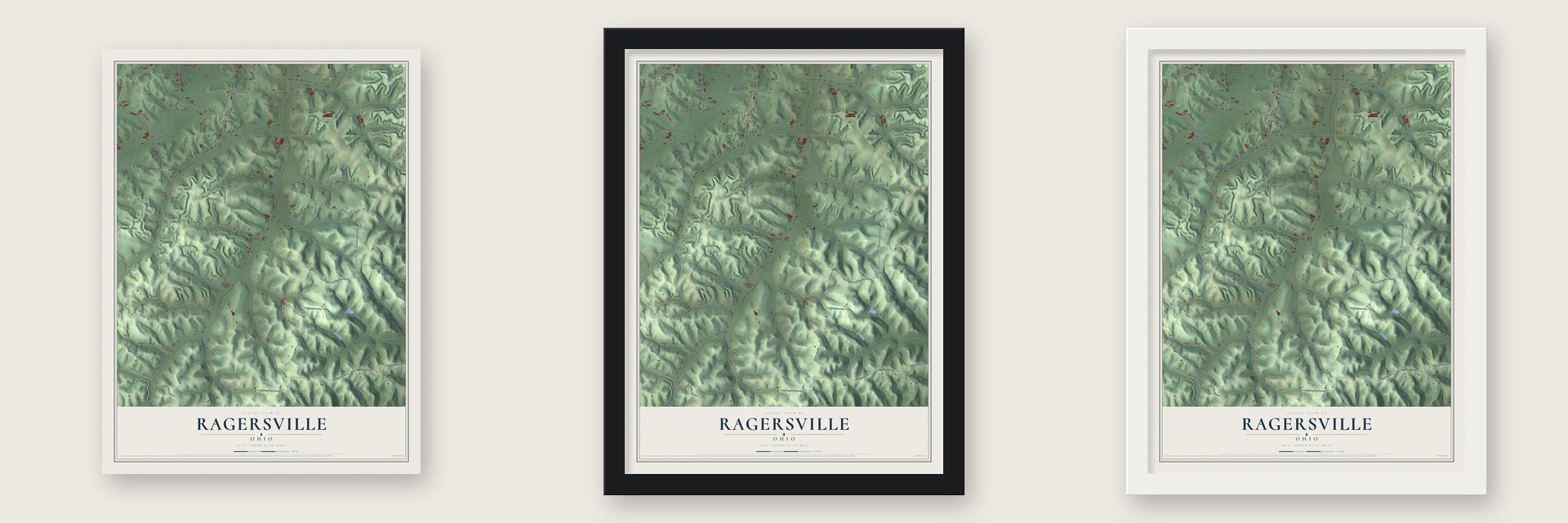 Ragersville, Ohio map unframed, in a black wood frame and in a white wood frame