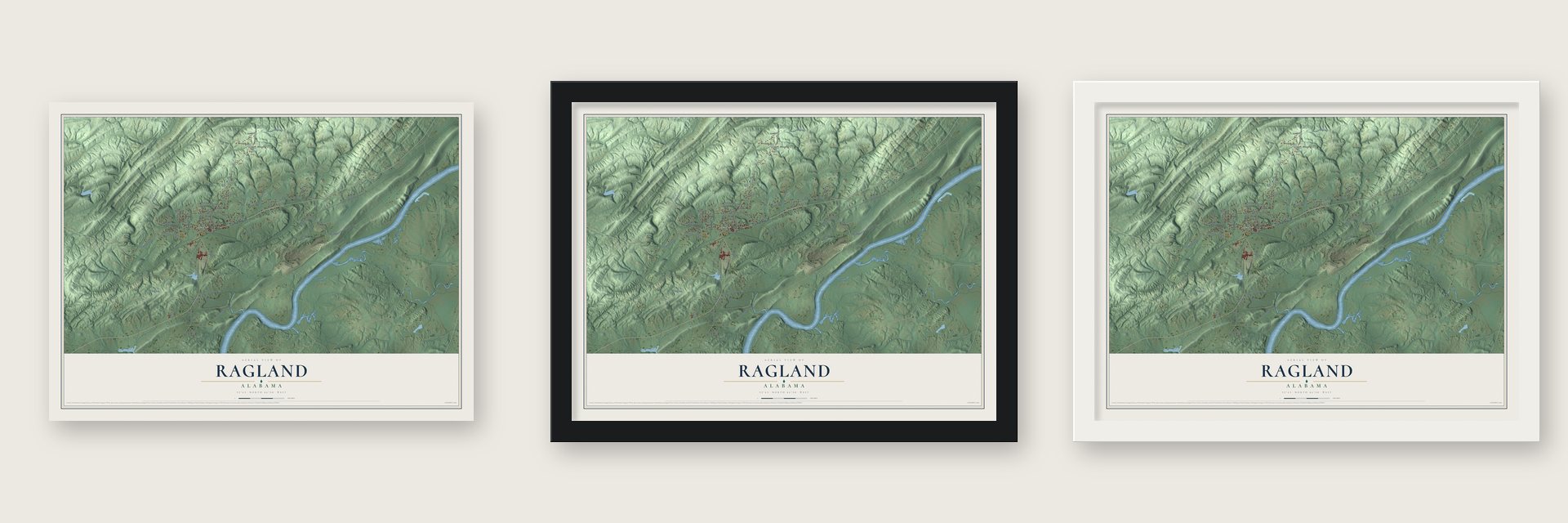 Ragland, Alabama map unframed, in a black wood frame and in a white wood frame