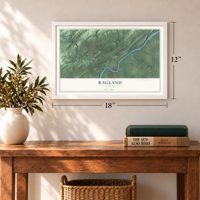 Ragland, Alabama map, 12 x 18 inch print in a white frame in an entryway