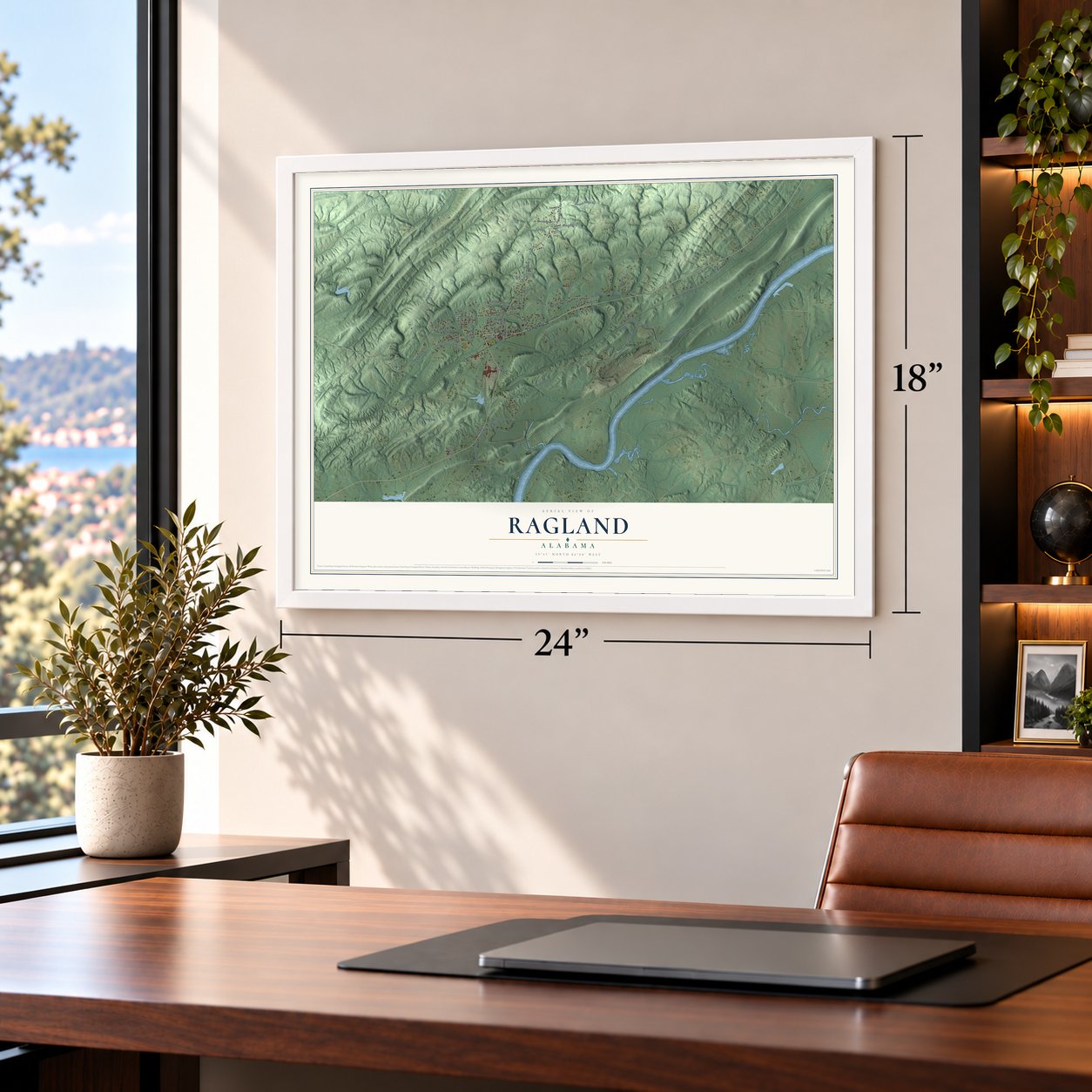 Ragland, Alabama map, 18 x 24 inch print in a white frame in a home office