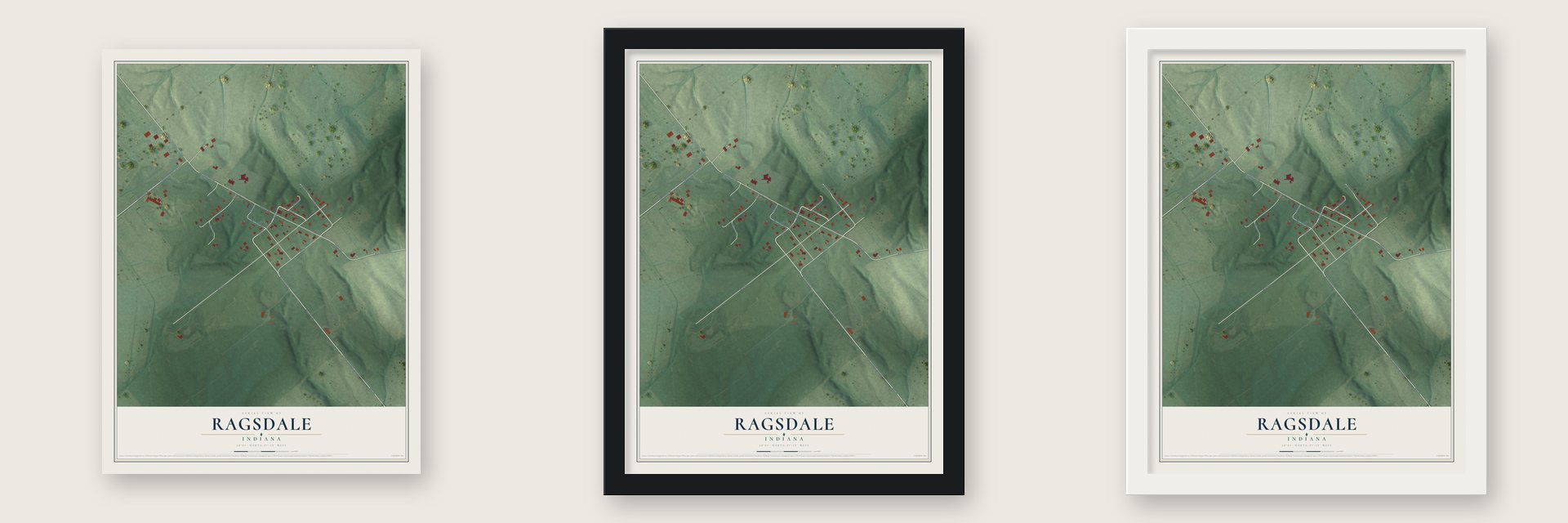 Ragsdale, Indiana map unframed, in a black wood frame and in a white wood frame