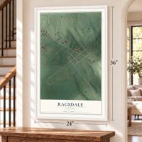 Ragsdale, Indiana map, 24 x 36 inch print in a white frame by a staircase